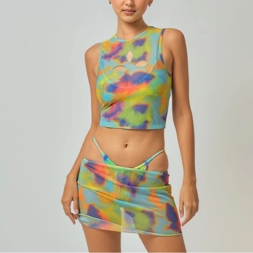 Blackbough Cassie Laser Cut Multicolor Tie-Dye Mesh Mini Skirt and Tank Set